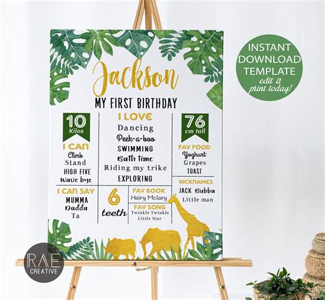 Safari Jungle Animals Birthday Milestone Poster Editable Template
