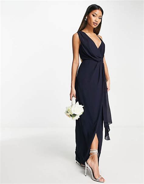 Tfnc Bridesmaid Chiffon Wrap Maxi Dress With Hi Low Hem In Navy Asos