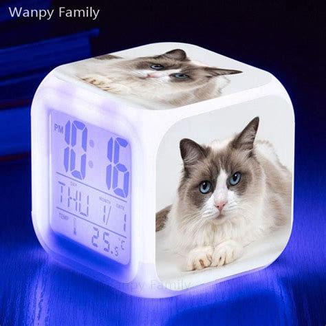 Cute Pet Cat Kitten Alarm Clock 7 Color Led Illuminated Digital Alarm