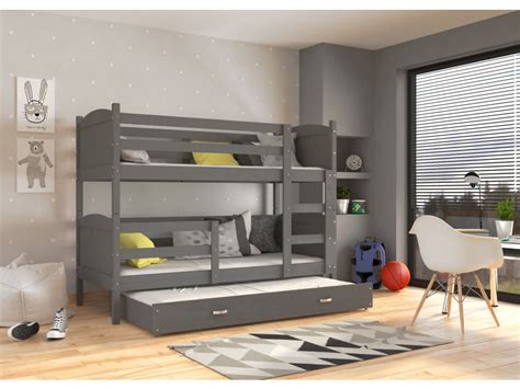 Découvrez nos lits superposés et mezzanines en promotion avec des nouveautés toute l'année et dans tous les magasins but. Lit superpose 3 places mateo 90x190 gris gris livré avec tiroir,3 sommiers et 3 matelas en ...