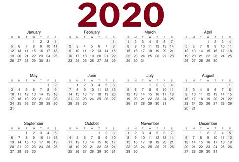 2020 One Page Landscape Calendar Yearly Calendar Template Printable