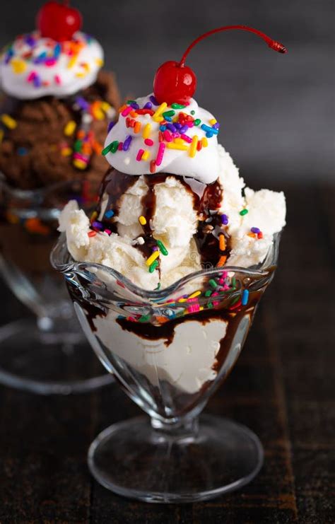 A Vanilla Ice Cream Sundae In A Waffle Cone Bowl Stock Photo Image Of