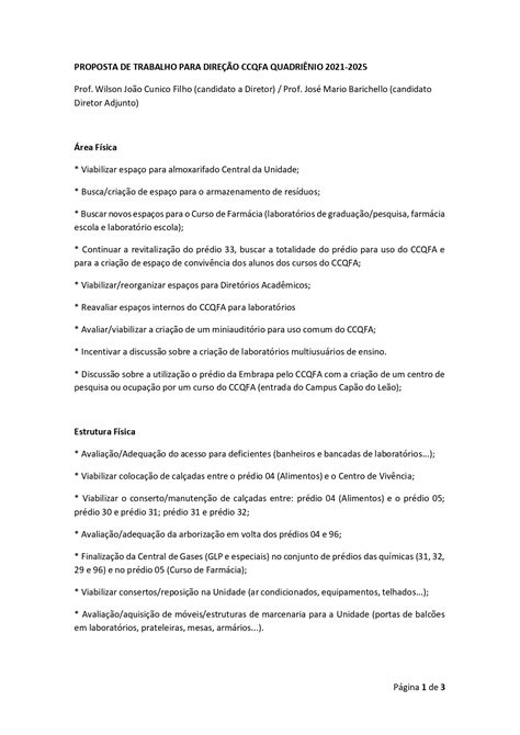 Centro de Ciências Químicas Farmacêuticas e de Alimentos CCQFA PROPOSTA DE TRABALHO PARA