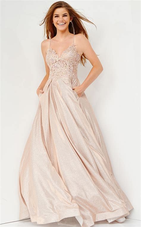 Jvn2206 Dress Nude Embroidered Floral Bodice Prom Ballgown