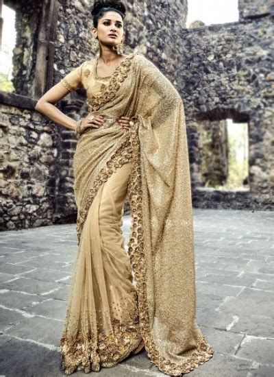 Buy Gold Color Imported Fabric And Net Wedding Wear Saree In Uk Usa