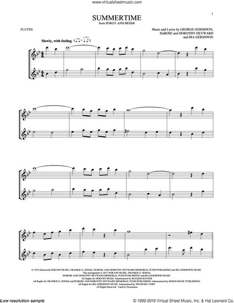Summertime From Porgy And Bess Sheet Music For Two Flutes Duets