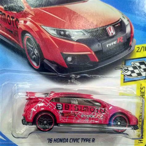 The Hot Wheels Honda Civic Type R Car Is Red And Has Black Lettering On It