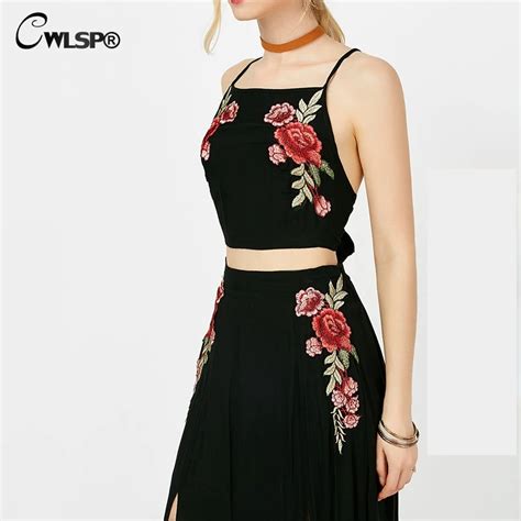 Cwlsp Splite Sexy Women Summer 2 Piece Dress With Embroidery Rose Dress