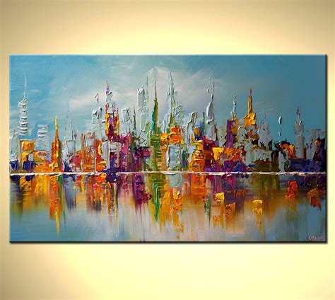 Original Abstract Painting City Shoreline Reflection Palette Knife Art