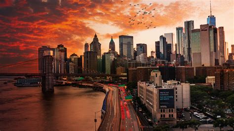 Sunset Over Manhattan Bridge Hd World 4k Wallpapers