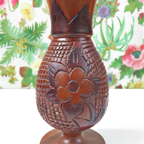 Vintage Wooden Hand-Carved Vase, Floral Carved Wooden Vase, Boho Chic 