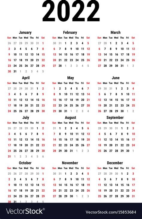 Printable Calendar 2022 Calendar For 2022 Royalty Free Vector Image Images