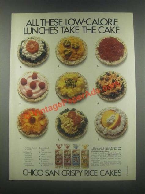 Find detailed calories information for rice cakes including popular types of rice cakes or crackers and other types of rice cakes or crackers. 1985 Chico-San Crispy Rice Cakes Ad - Low-Calorie
