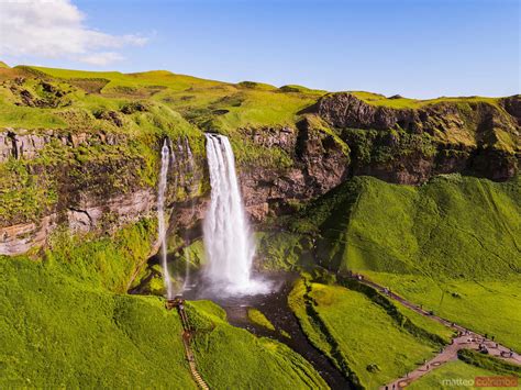 Aerial Drone View Of Seljalandsfoss Waterfall In Summer Iceland