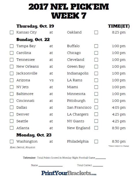 Week 7 Printable Nfl Schedule Includes Game Times Tv Listings And