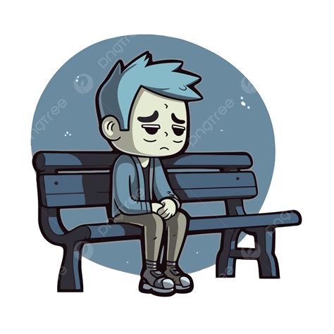 파란 머리를 한 나무 벤치에 앉아 있는 슬픈 남자 벡터 외로움 상표 만화 Png 일러스트 및 벡터 에 대한 무료 다운로드 Pngtree