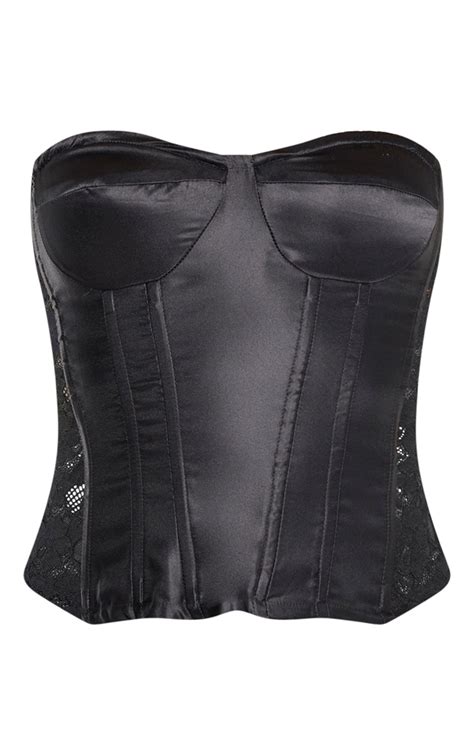 black satin boned lace panel corset top prettylittlething