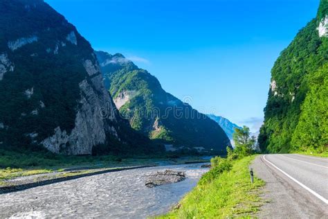 Beautiful Mountain Gorge Of The Caucasus River And Road Stock Photo