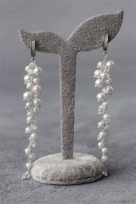 Bridal Long Pearl Earrings Wedding Cluster Earrings Silver Bride