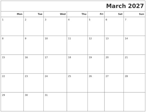 March 2027 Calendars To Print