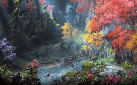 Wallpaper Fantasy Art Painting Mountains Trees Autumn 2560x1600 Hd