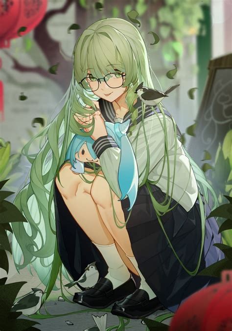 4k Squatting Green Hair Mobius Tongue Out Green Eyes Schoolgirl