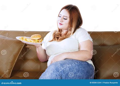 Obese Woman With Junk Food On Couch Stock Photo Image Of Blonde Loss