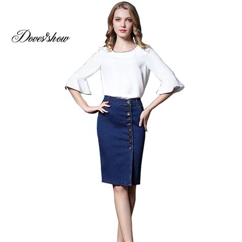 High Waist Denim Skirts Women Knee Length Sheath Plus Size Patchwork Stretch Jeans Bodycon
