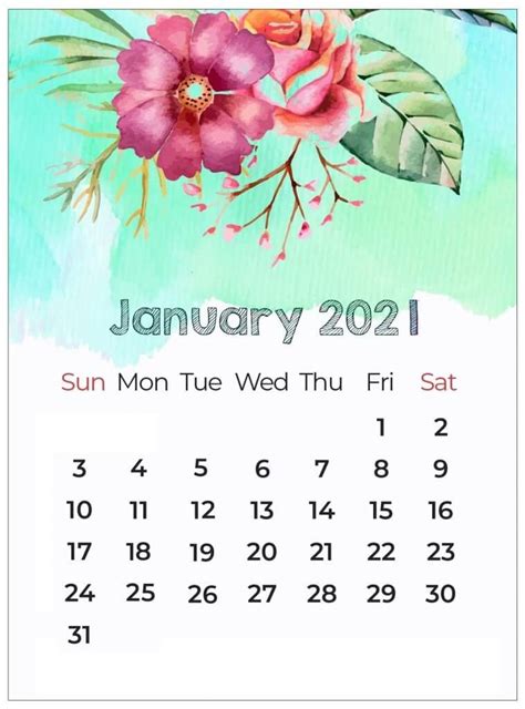 Floral January 2021 Calendar Flower Calendar Calendar Wallpaper