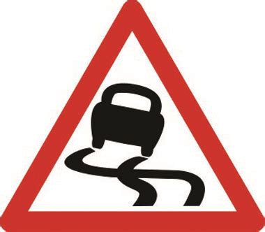 The road ahead has many curves. Slippery road ahead triangle. Fig 557. 600mm Class 2 ...