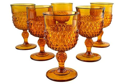 Amber Pressed Glass Goblets S 6 On Glass Glass Goblets Vintage Goblets