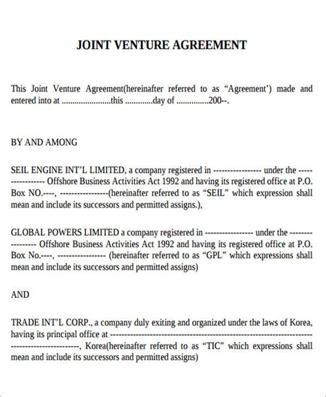 Memorandum Of Understanding Joint Venture Template