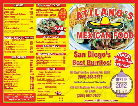 Alejandro's has been making great authentic food for years at his other locations. Atilanos Mexican Food menu in Airway Heights, Washington