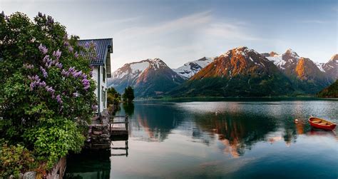 Spring Sunrise Fjord Norway Mountain House Flowers Snowy