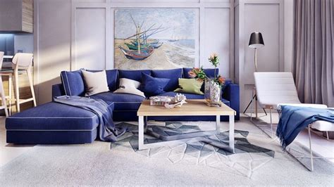 Grey is a better pair for the dark blue wall because choosing a sofa in a dark blue tone, in this case, will only make it lost in the interior design. Stunning and Beautiful Modern Apartment Design Royal Blue ...