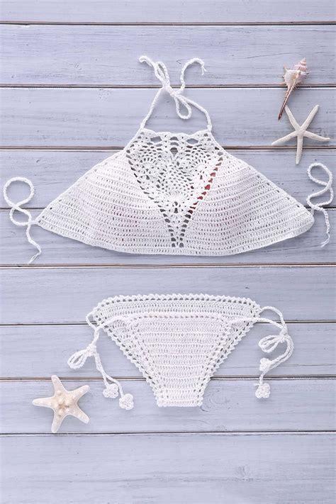 Crochet Halter Lace Up Bikini Set White Bikini De Ganchillo Traje De