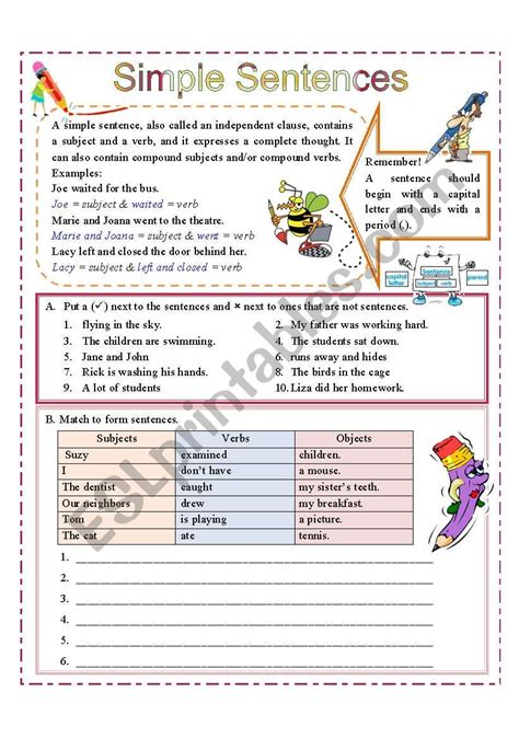 Simple Sentences Match Worksheet Simple Sentences Match Worksheet