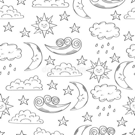 Black And White Seamless Pattern With Cute Doodle Sun Moon Clouds And