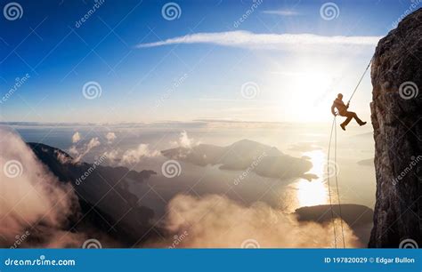Epic Adventurous Extreme Sport Composite Of Rock Climbing Stock Image