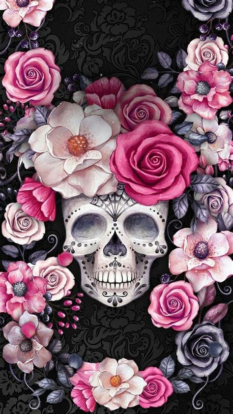 skull and flowers wallpaper