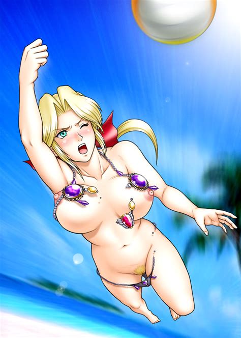 1girl Ball Beach Volleyball Bikini Blonde Hair Blue Eyes Bow Breasts