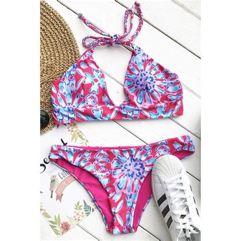Cupshe Pink Romance Halter Bikini Set 22 Liked On Polyvore Featuring Swimwear Bikinis
