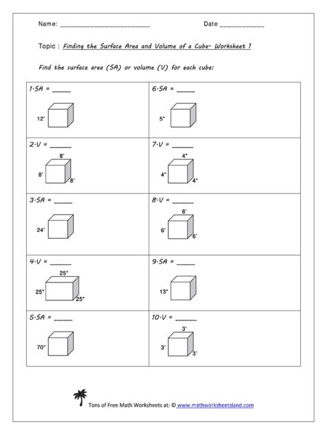 Topic Finding The Surface Area And Volume Of A Cube Worksheet 1