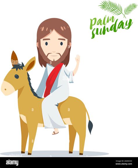 Palm Sunday Jesus Is Riding A Donkey Behind Palm Leaves Stock Vector