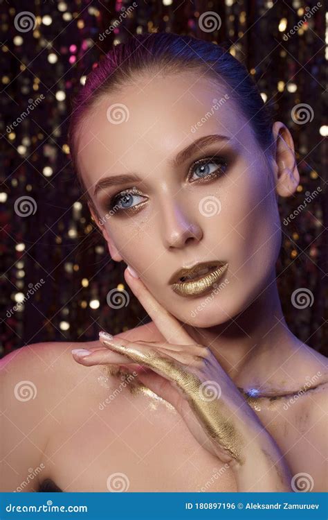 Magic Girl Portrait In Gold Golden Makeup Close Up Portrait In Studio