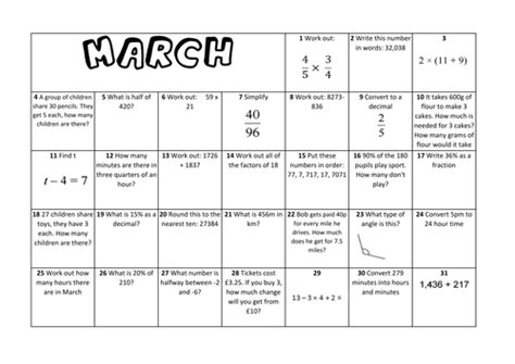 Question A Day Calendar Maths March Ks2 Teaching Resources