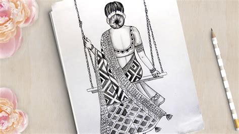 Lady In Saree Drawing Thelittlemermaidartdrawsketch