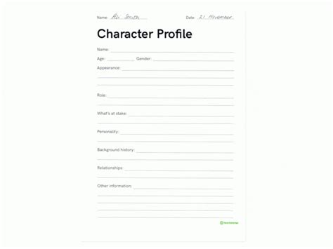 Detailed Character Profile Worksheet Teaching Resource — Db