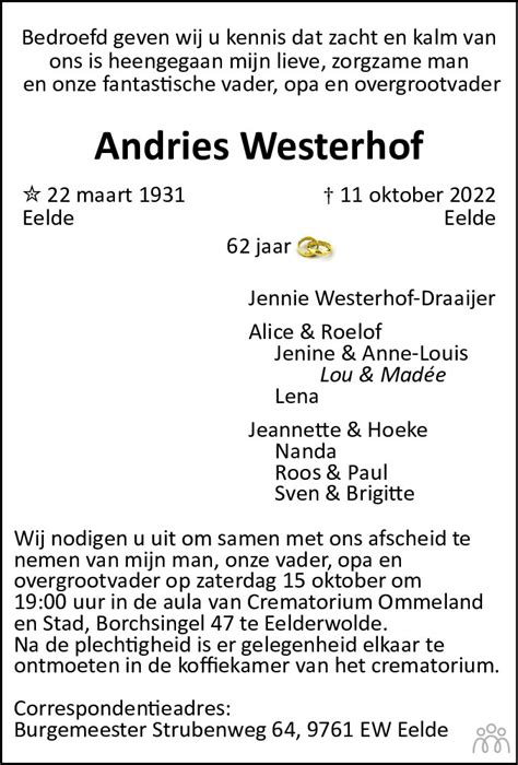Andries Westerhof 11 10 2022 Overlijdensbericht En Condoleances