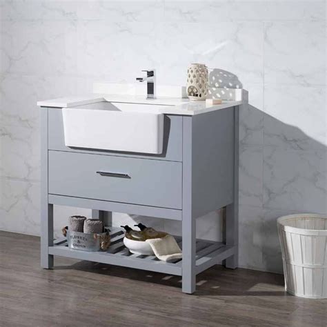 Stufurhome 36 Nightingale Apron Sink Vanity Graywhite Quartz Top Ty